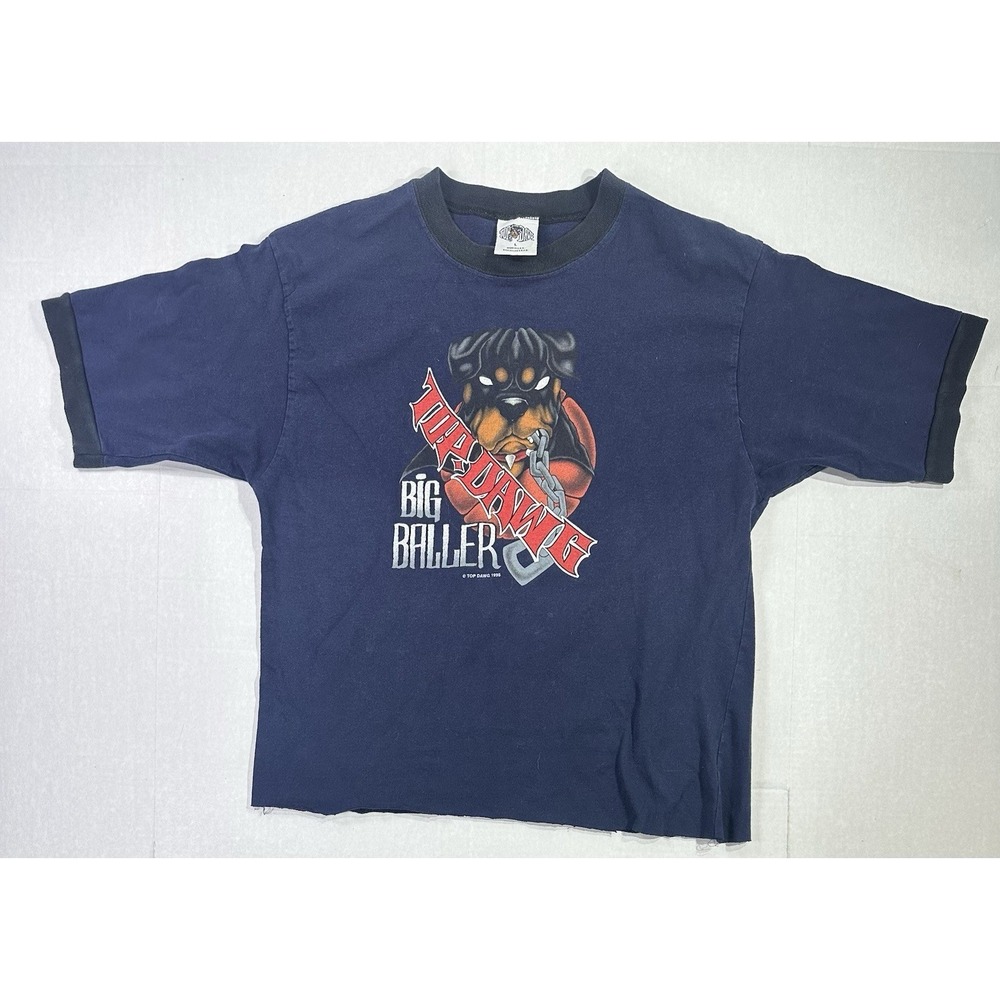 Vintage 90s Top Dawg Big Baller Rottweiler Tee L Cropped Blue T Shirt USA‎ Made